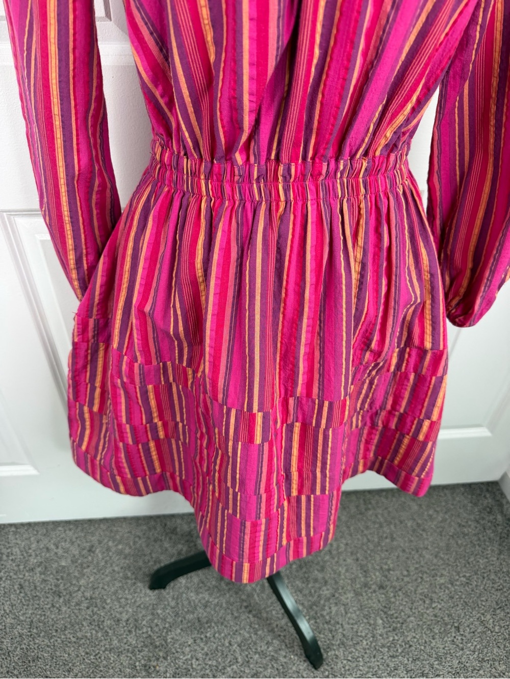 BURU Size S Pink Striped Cotton Long Sleeve Tiered Mini Dress - Picture 4 of 11